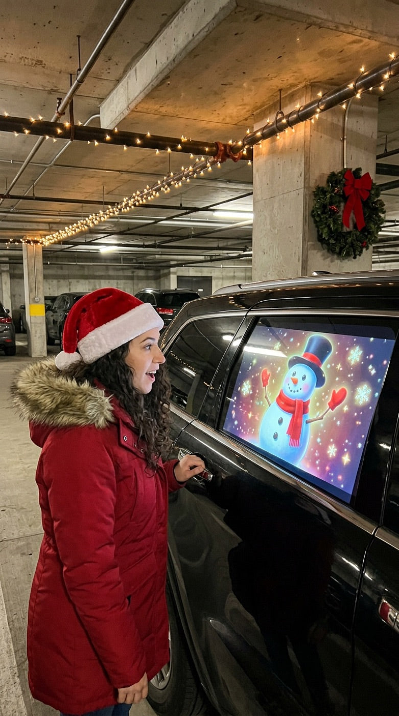 Snowman projected on a car window
